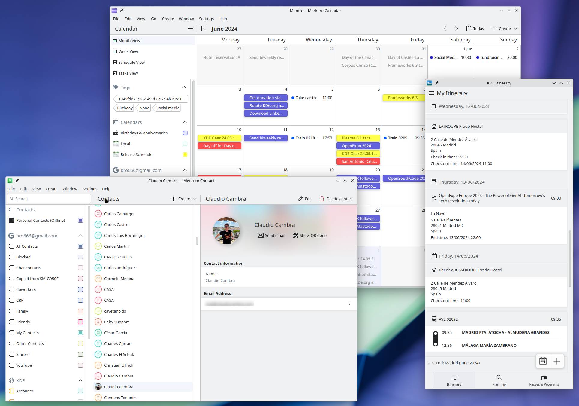 In this screenshot we see three of KDE's personal info management apps: in the upper left the Merkuro calendaring application, bottom left shows contacts, and on the right Itinerary, the apps that helps you plan trips and accommodation on your travels.